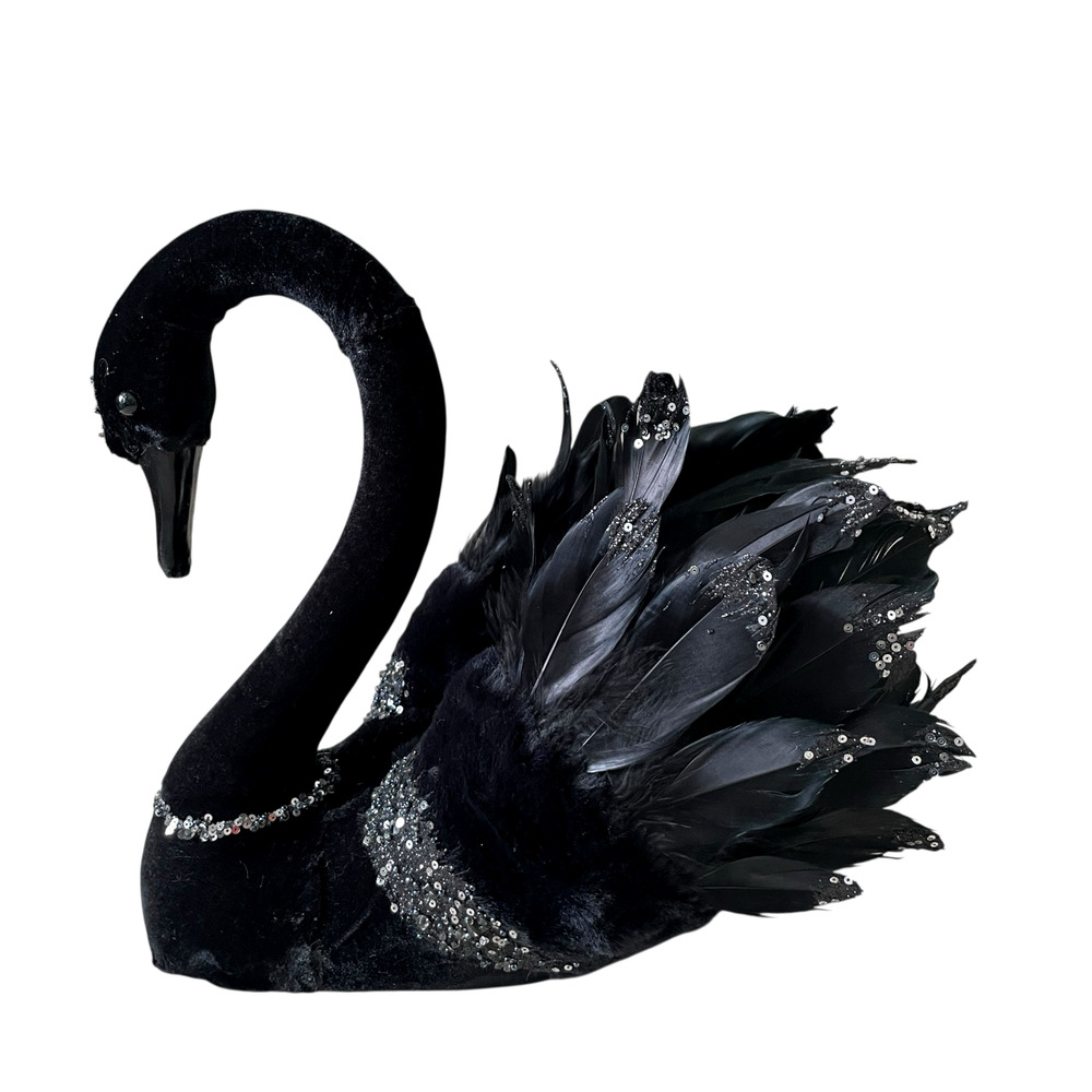 Bella Lux 14" Black Swan Figurine With Feathers & Sequins Chic Halloween Decor